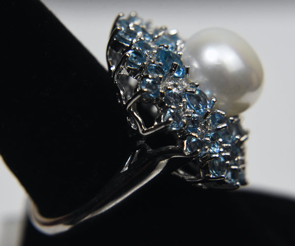 Sterling Silver Pearl Blue Topaz Cocktail Ring - Size 8