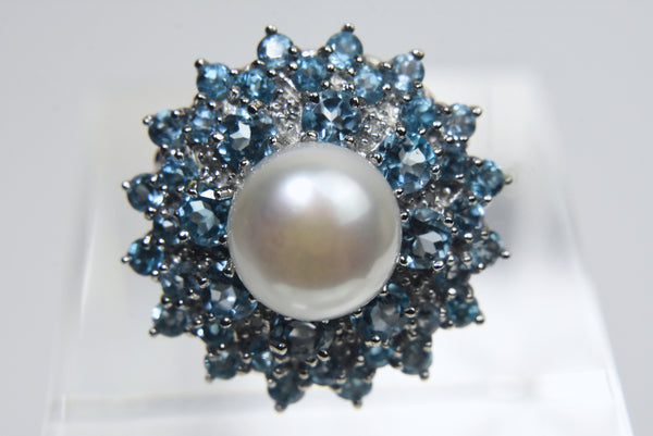 Sterling Silver Pearl Blue Topaz Cocktail Ring - Size 8