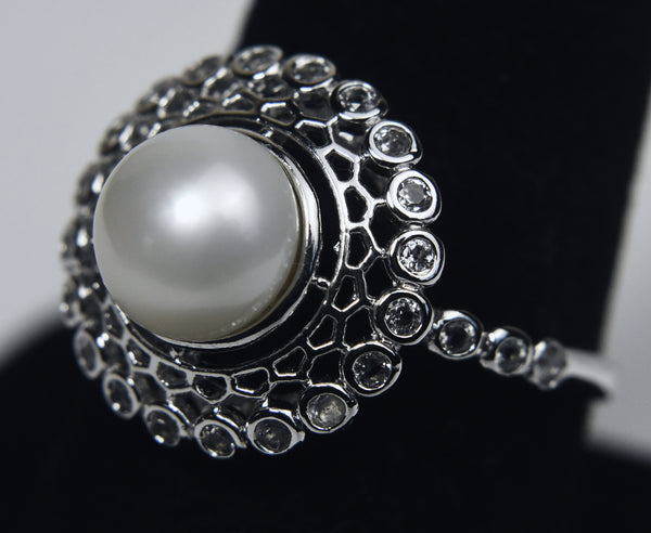 Pearl and Topaz Sterling Silver Ring - Size 9