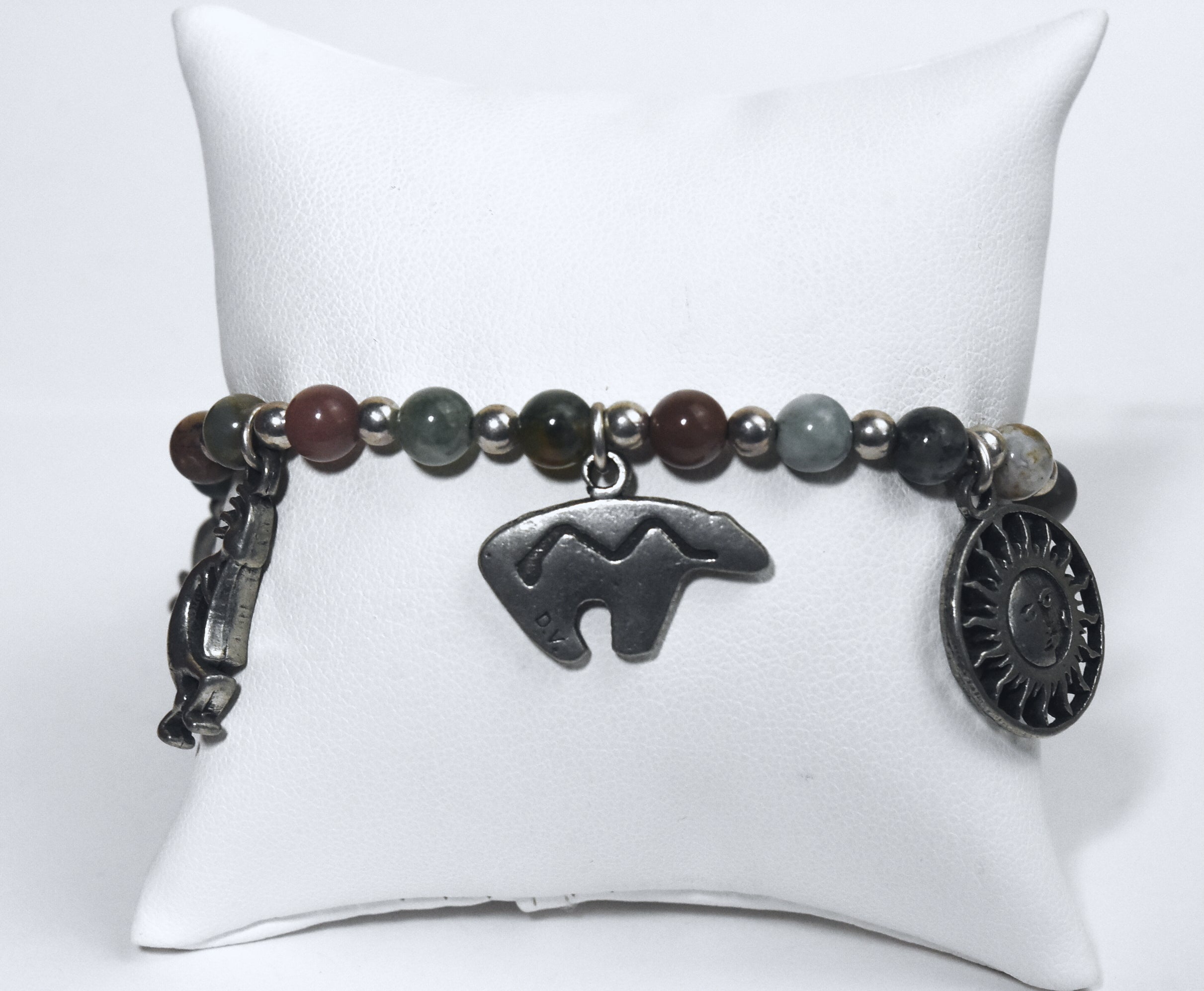 Moss Agate, Jade, Jaspers and More Beaded Bracelet with Southwestern Design Charms