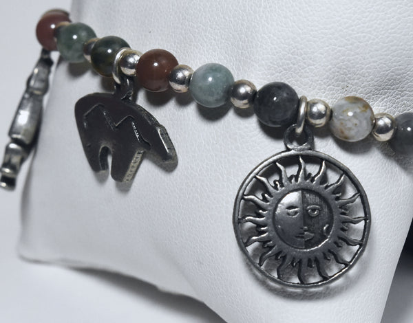 Moss Agate, Jade, Jaspers and More Beaded Bracelet with Southwestern Design Charms