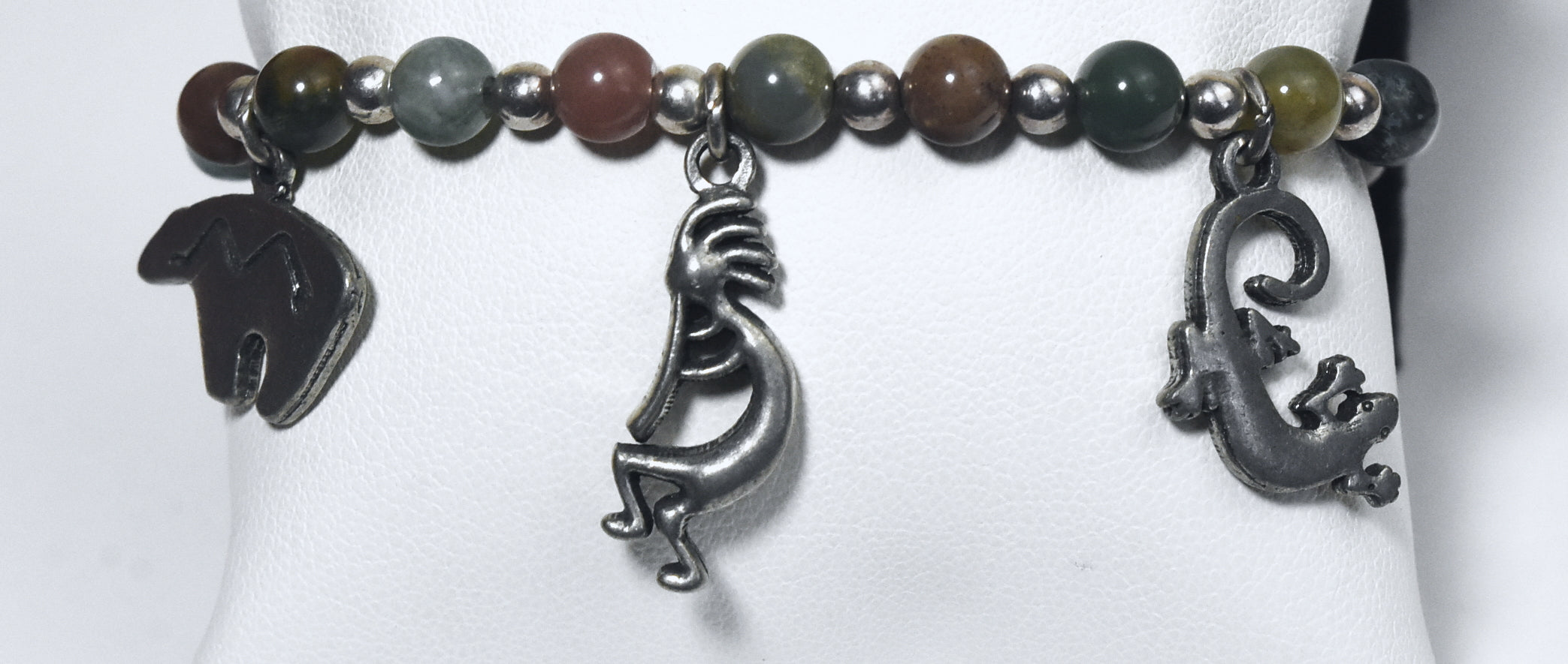 Moss Agate, Jade, Jaspers and More Beaded Bracelet with Southwestern Design Charms