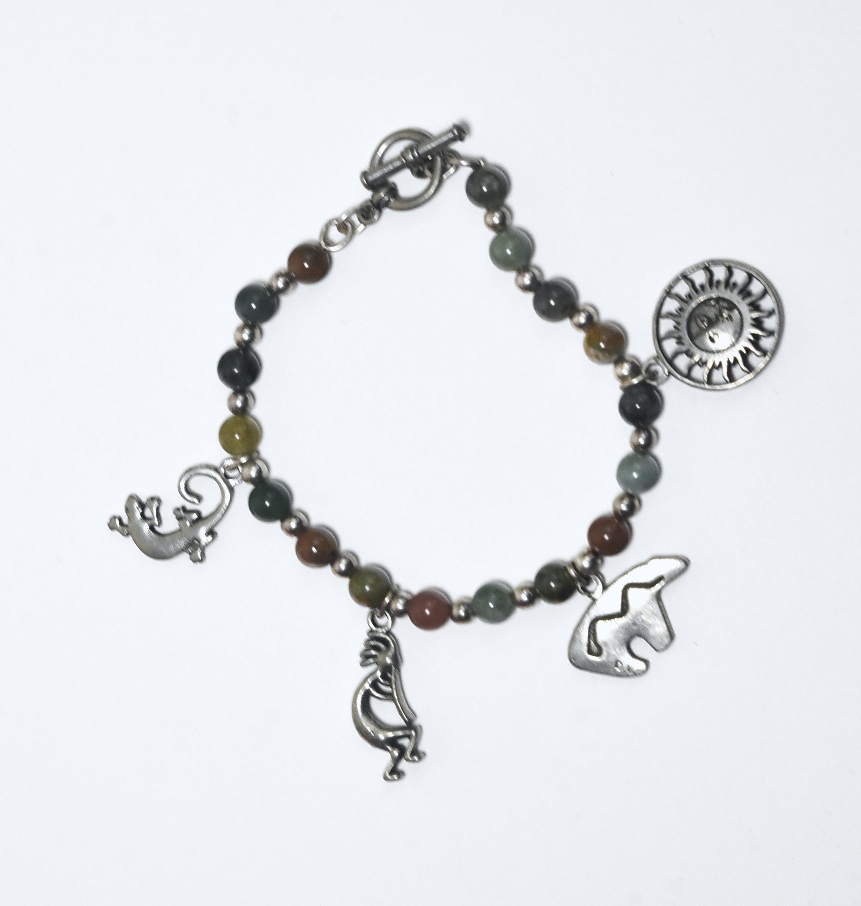 Moss Agate, Jade, Jaspers and More Beaded Bracelet with Southwestern Design Charms