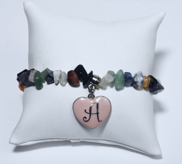 Pink Enamel "A" Heart Charm on Gemstone Chip Bead Stretch Bracelet