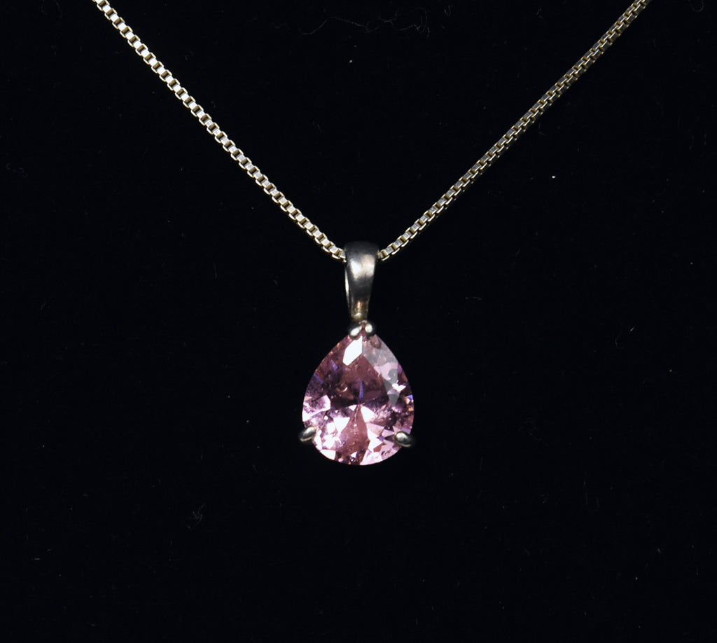 Pink Glass Pendant on Sterling Silver Box Link Chain Necklace