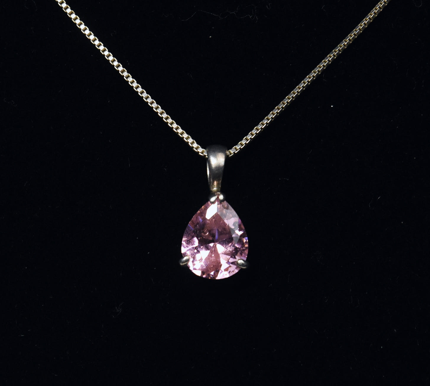 Pink Glass Pendant on Sterling Silver Box Link Chain Necklace