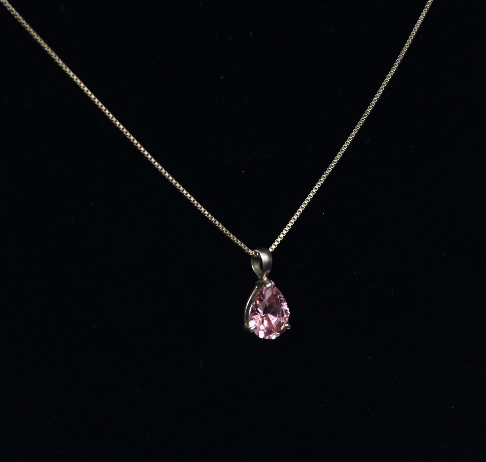 Pink Glass Pendant on Sterling Silver Box Link Chain Necklace