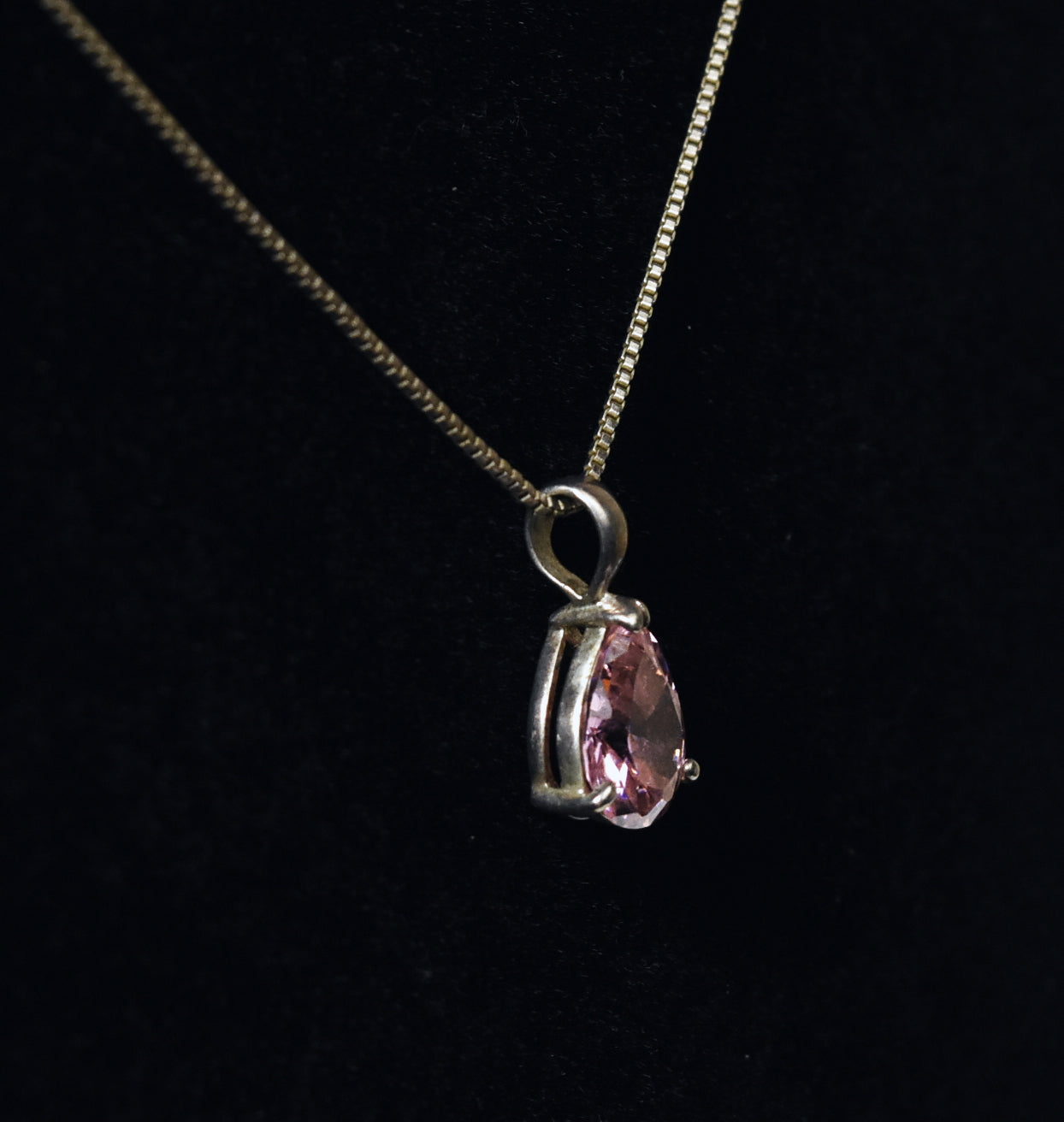 Pink Glass Pendant on Sterling Silver Box Link Chain Necklace