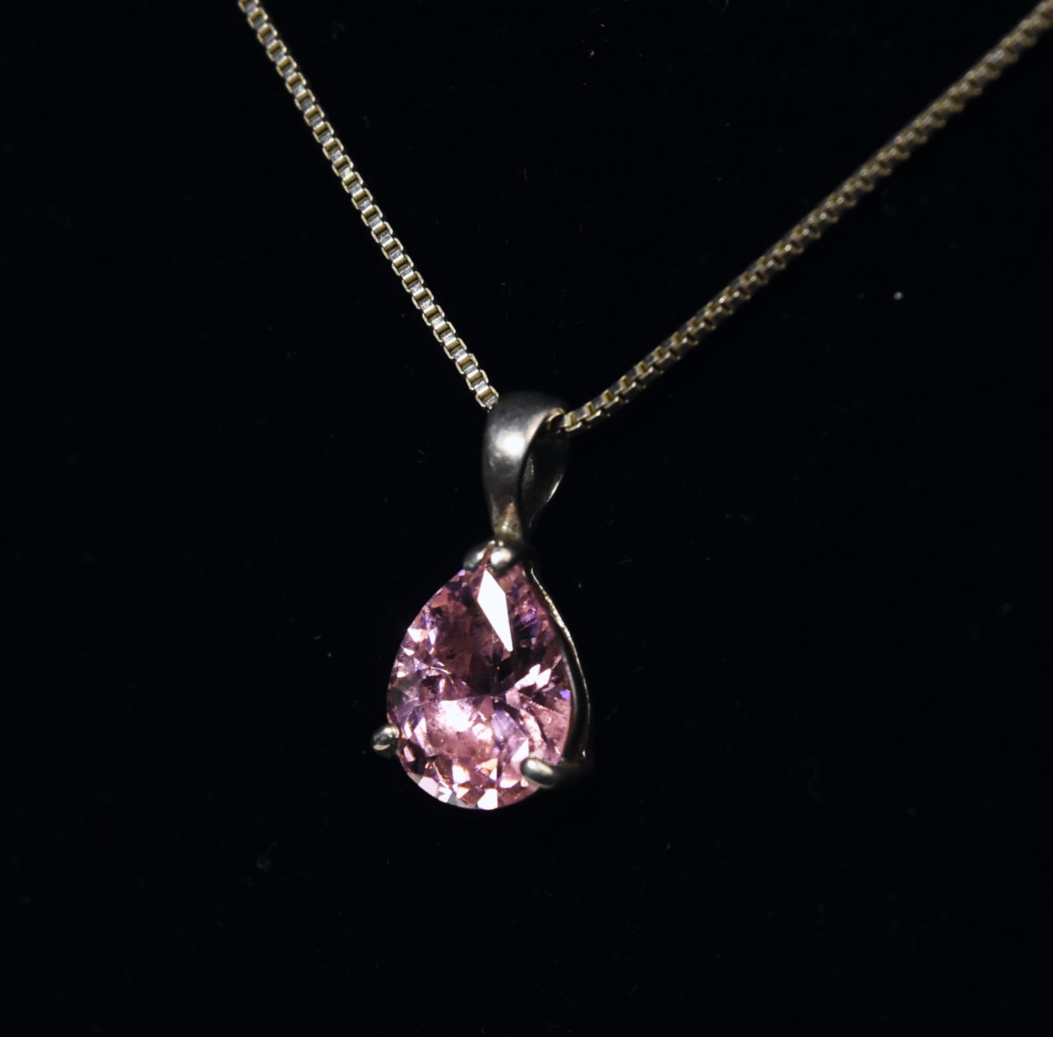 Pink Glass Pendant on Sterling Silver Box Link Chain Necklace