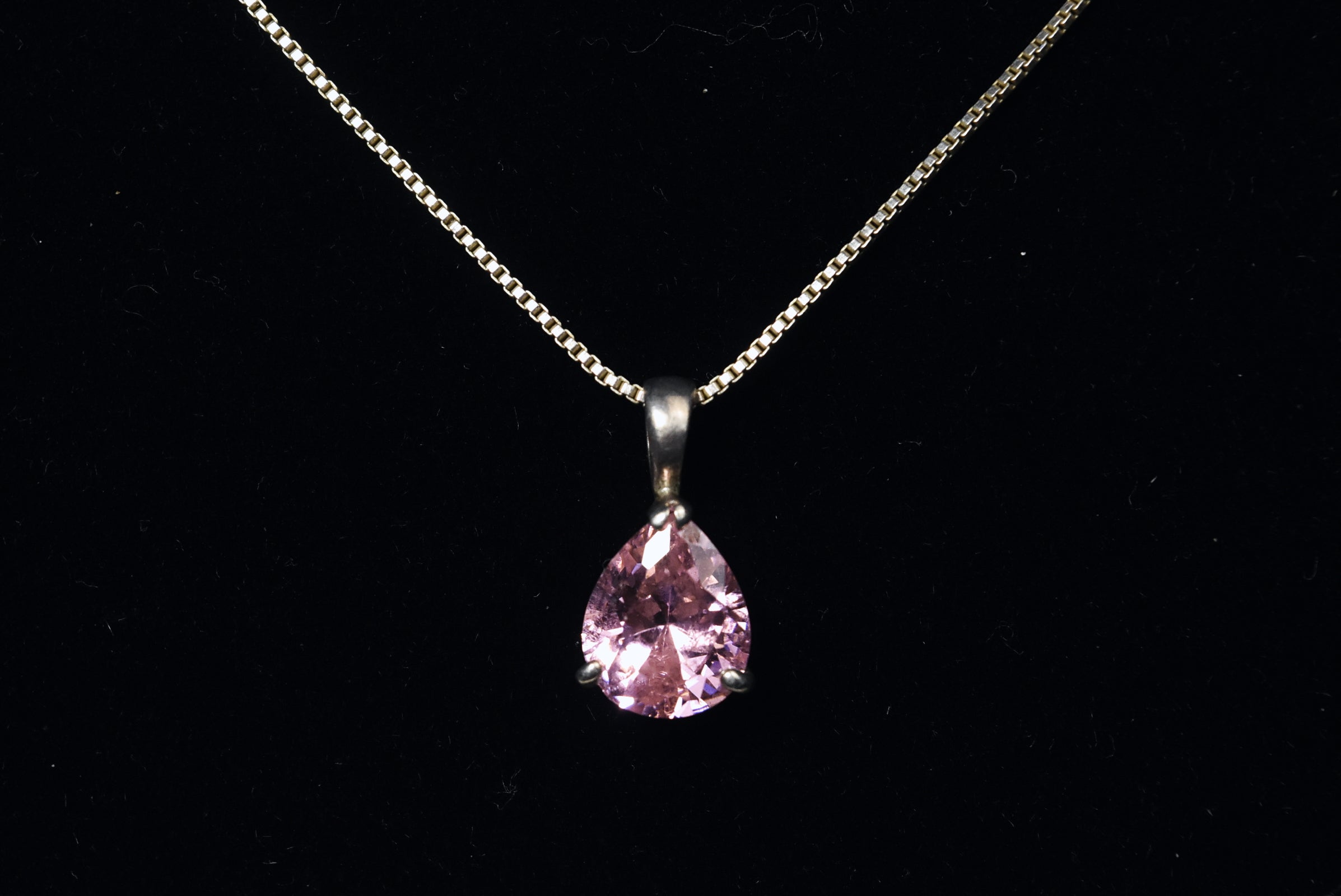Pink Glass Pendant on Sterling Silver Box Link Chain Necklace