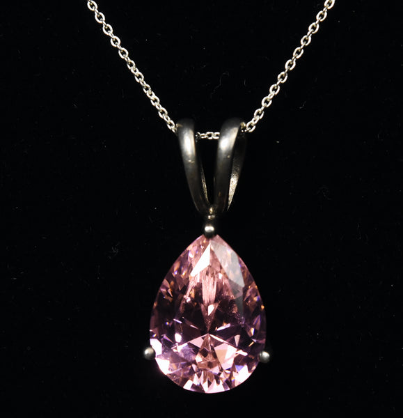 Pink Pear Cut Glass Sterling Silver Pendant on Sterling Silver Necklace