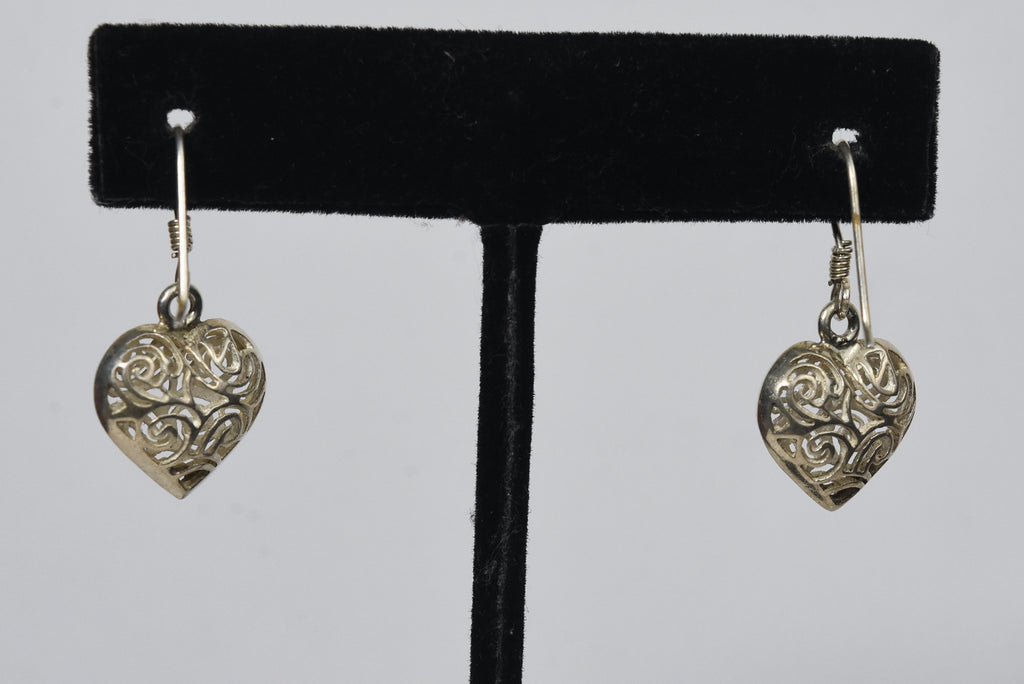 Sterling Silver Puffed Heart Pierced Design Dangle Earrings