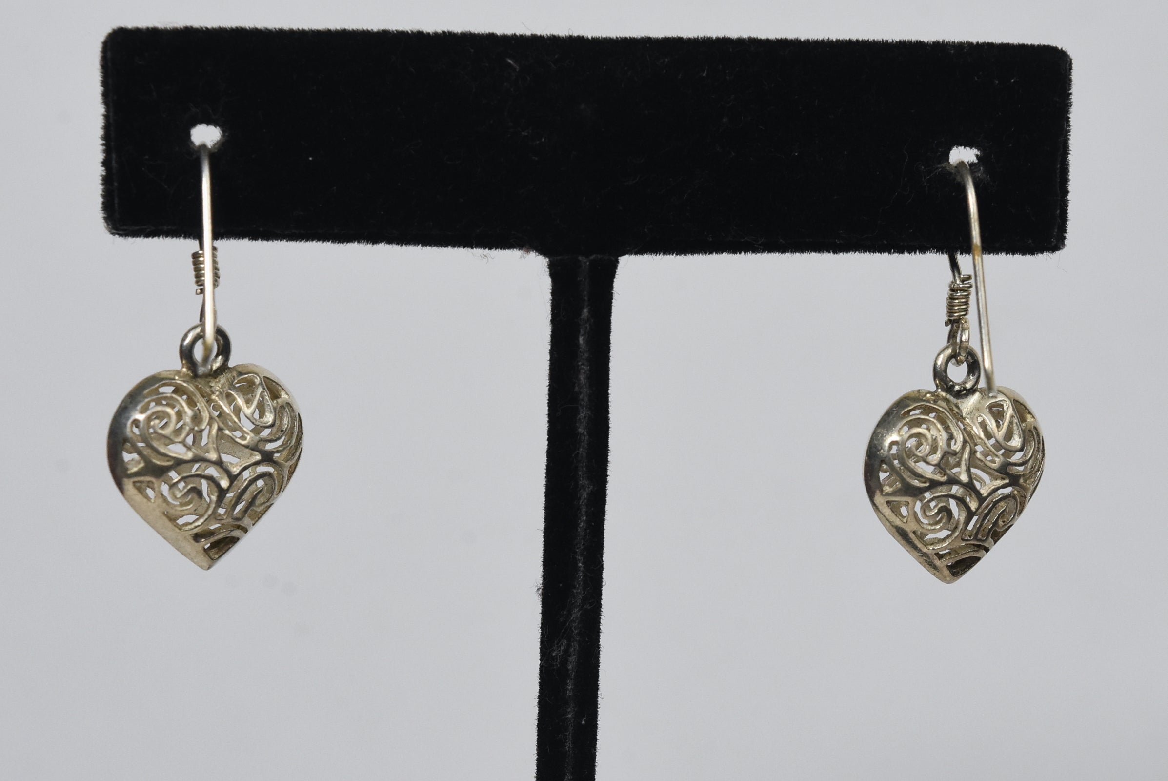 Sterling Silver Puffed Heart Pierced Design Dangle Earrings