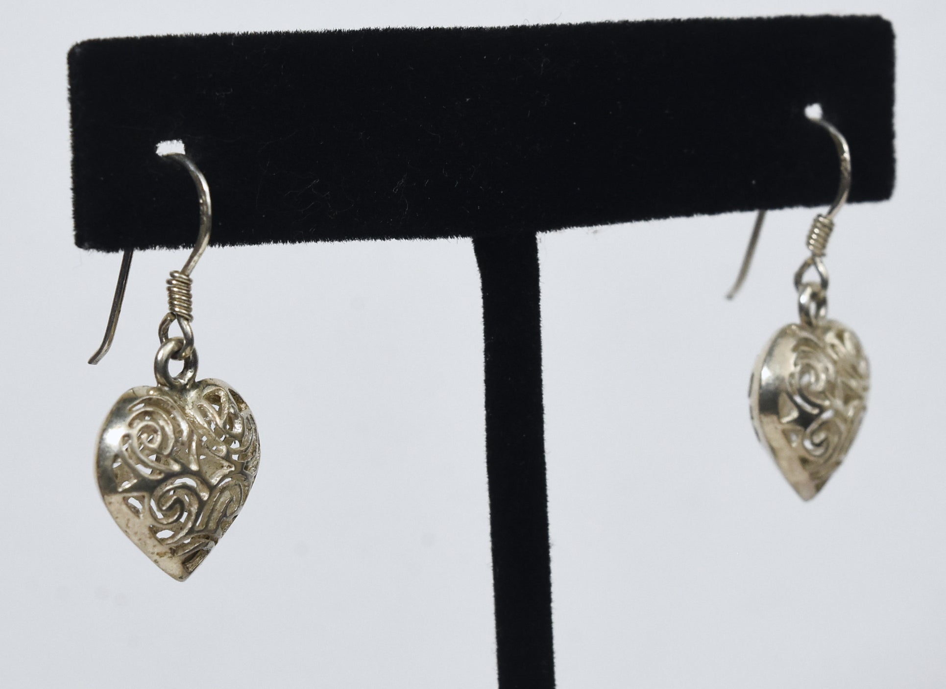 Sterling Silver Puffed Heart Pierced Design Dangle Earrings