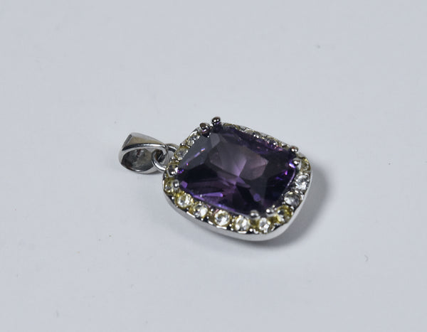 Silver Tone Pendant with Cushion Cut Purple Glass