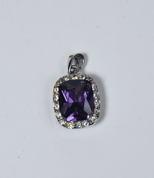 Silver Tone Pendant with Cushion Cut Purple Glass