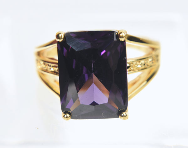18k Plated Large Emerald Cut Purple Stone Ring - Size 10