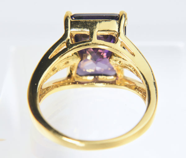 18k Plated Large Emerald Cut Purple Stone Ring - Size 10