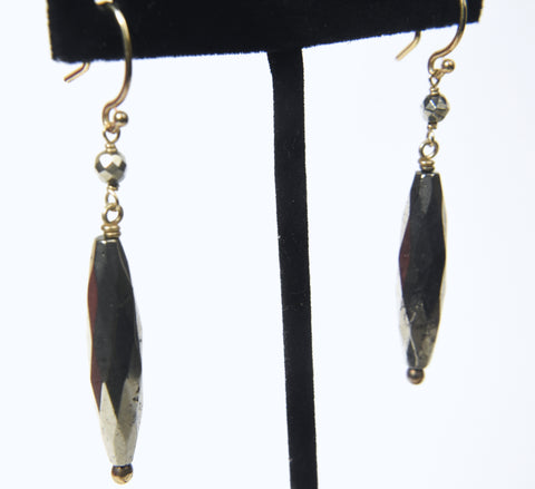 Long Pyrite Beaded Dangle Earrings