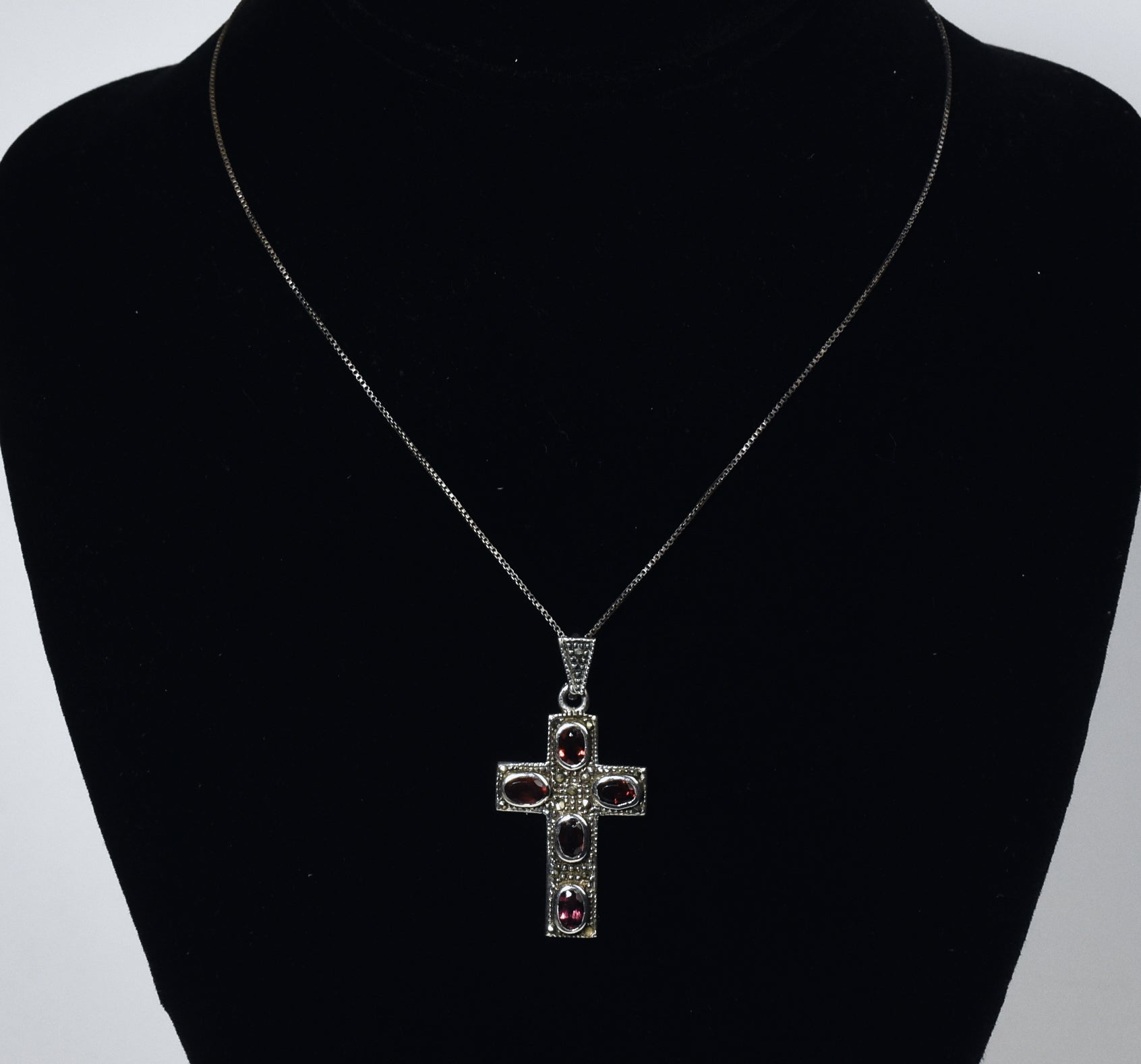 Sterling Silver Red Garnet Cross Pendant on Sterling Silver Chain Necklace