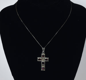 Sterling Silver Red Garnet Cross Pendant on Sterling Silver Chain Necklace