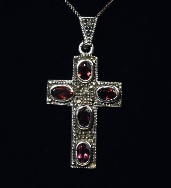 Sterling Silver Red Garnet Cross Pendant on Sterling Silver Chain Necklace