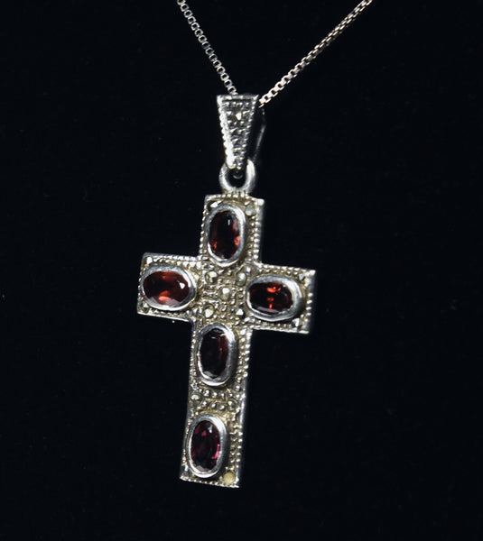 Sterling Silver Red Garnet Cross Pendant on Sterling Silver Chain Necklace