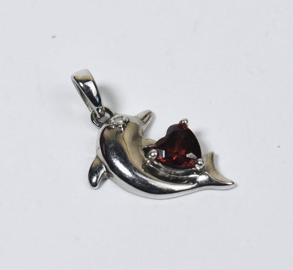 Red Garnet Heart Sterling Silver Diamond Dolphin Pendant