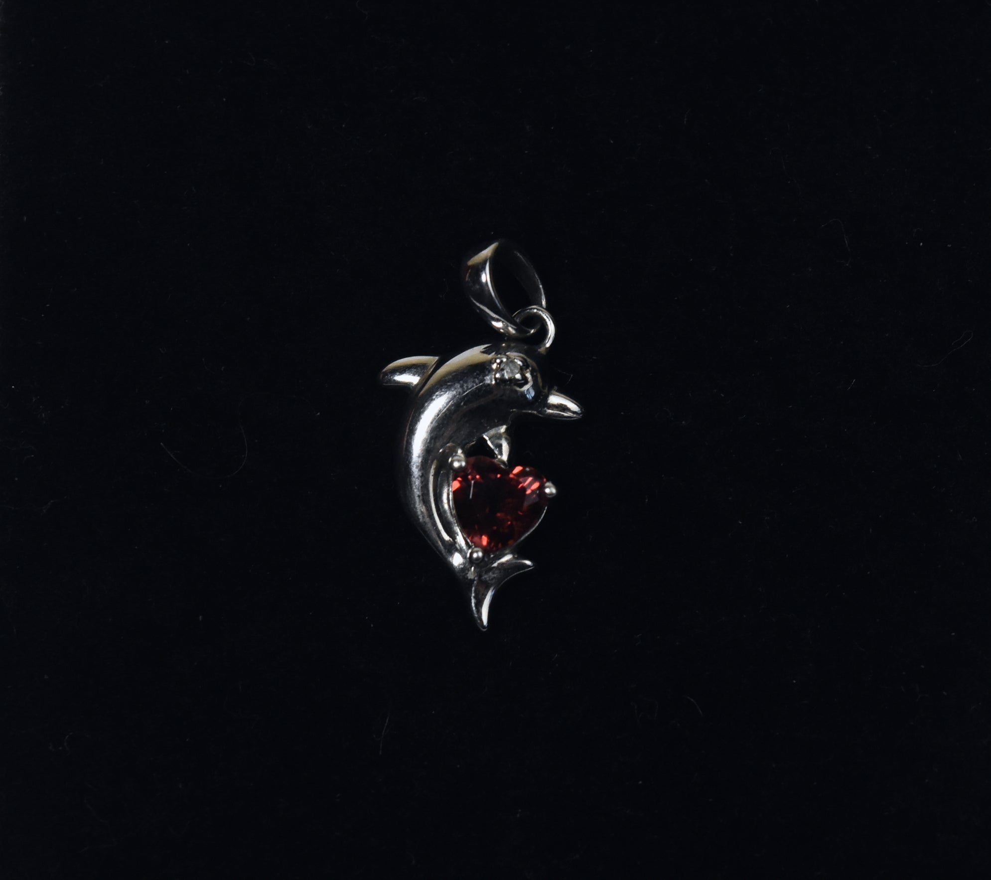 Red Garnet Heart Sterling Silver Diamond Dolphin Pendant