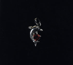 Red Garnet Heart Sterling Silver Diamond Dolphin Pendant