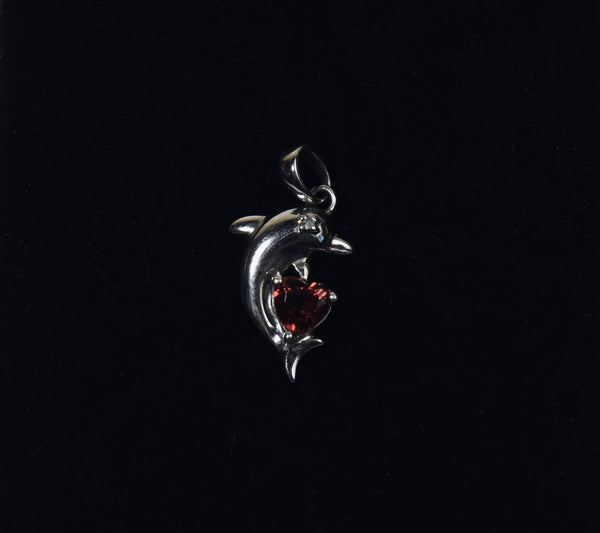 Red Garnet Heart Sterling Silver Diamond Dolphin Pendant