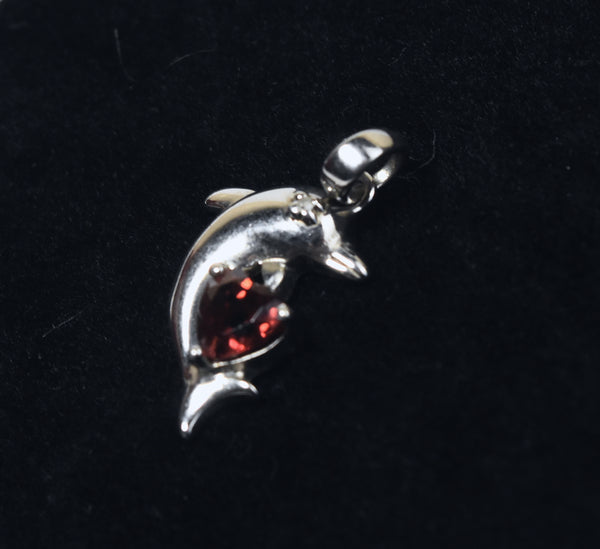 Red Garnet Heart Sterling Silver Diamond Dolphin Pendant
