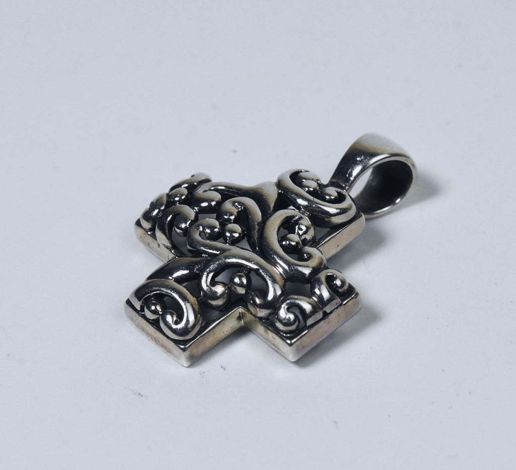Sterling Silver Repousse and Pierced Work Scroll Design Cross Pendant