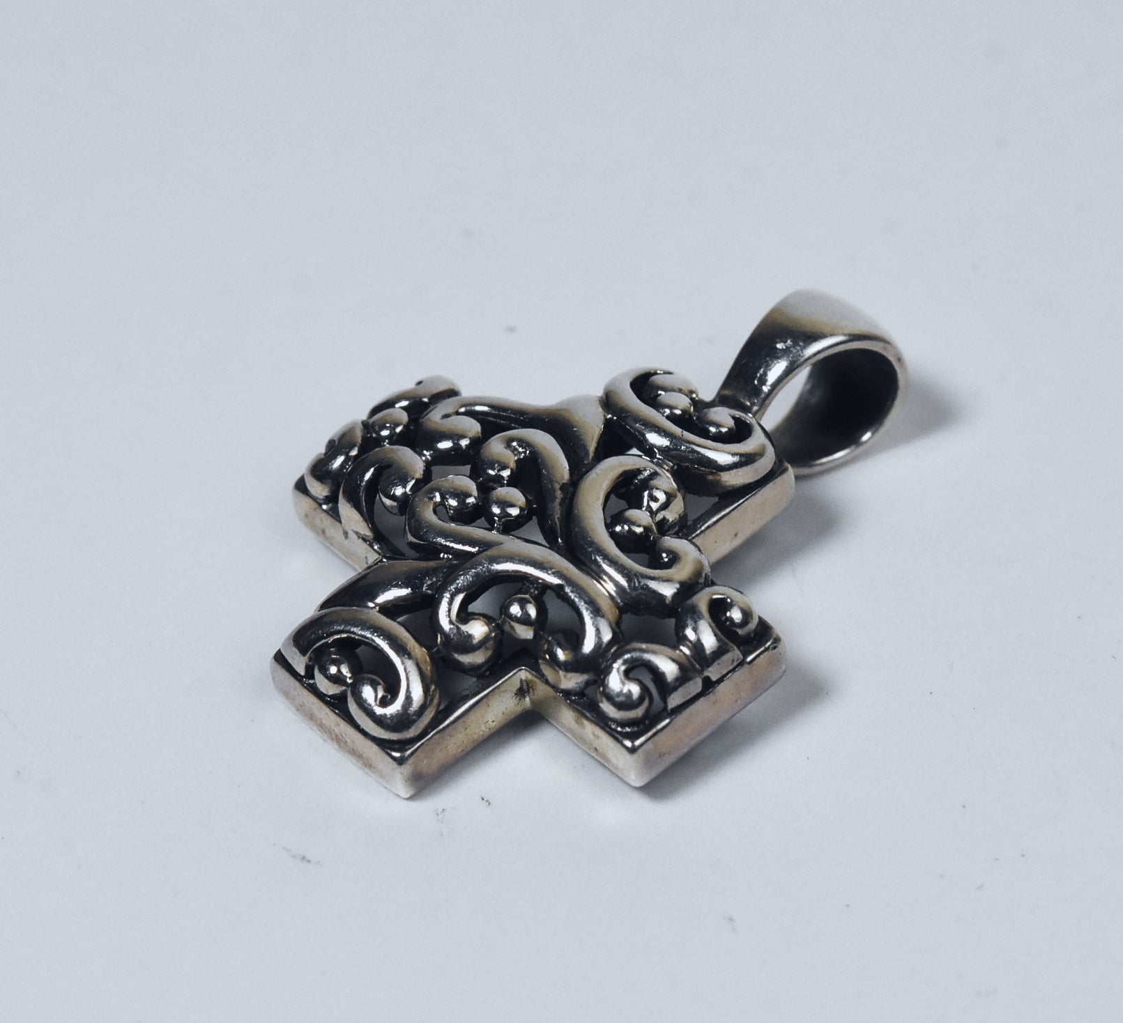 Sterling Silver Repousse and Pierced Work Scroll Design Cross Pendant