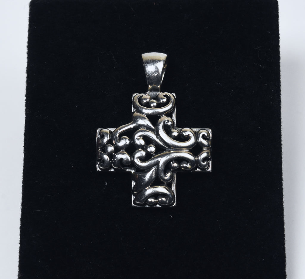 Sterling Silver Repousse and Pierced Work Scroll Design Cross Pendant