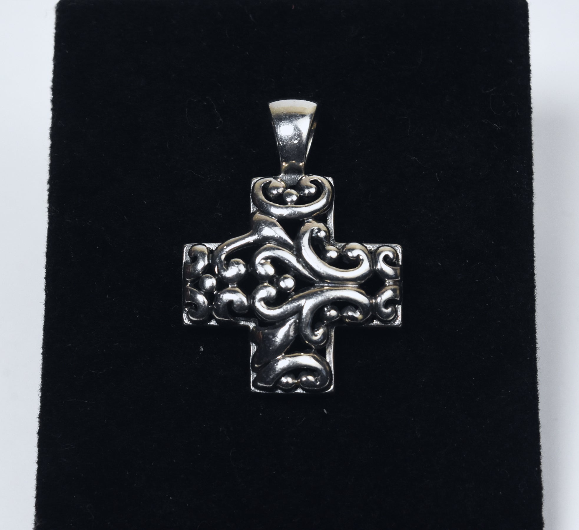 Sterling Silver Repousse and Pierced Work Scroll Design Cross Pendant