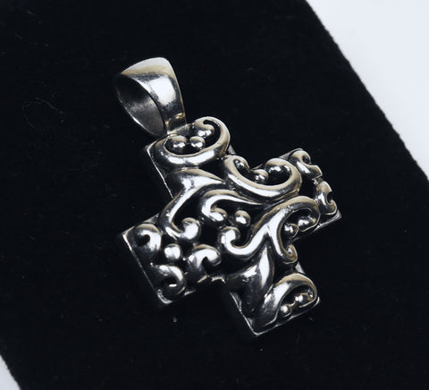 Sterling Silver Repousse and Pierced Work Scroll Design Cross Pendant