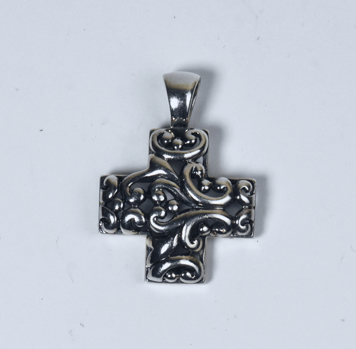 Sterling Silver Repousse and Pierced Work Scroll Design Cross Pendant