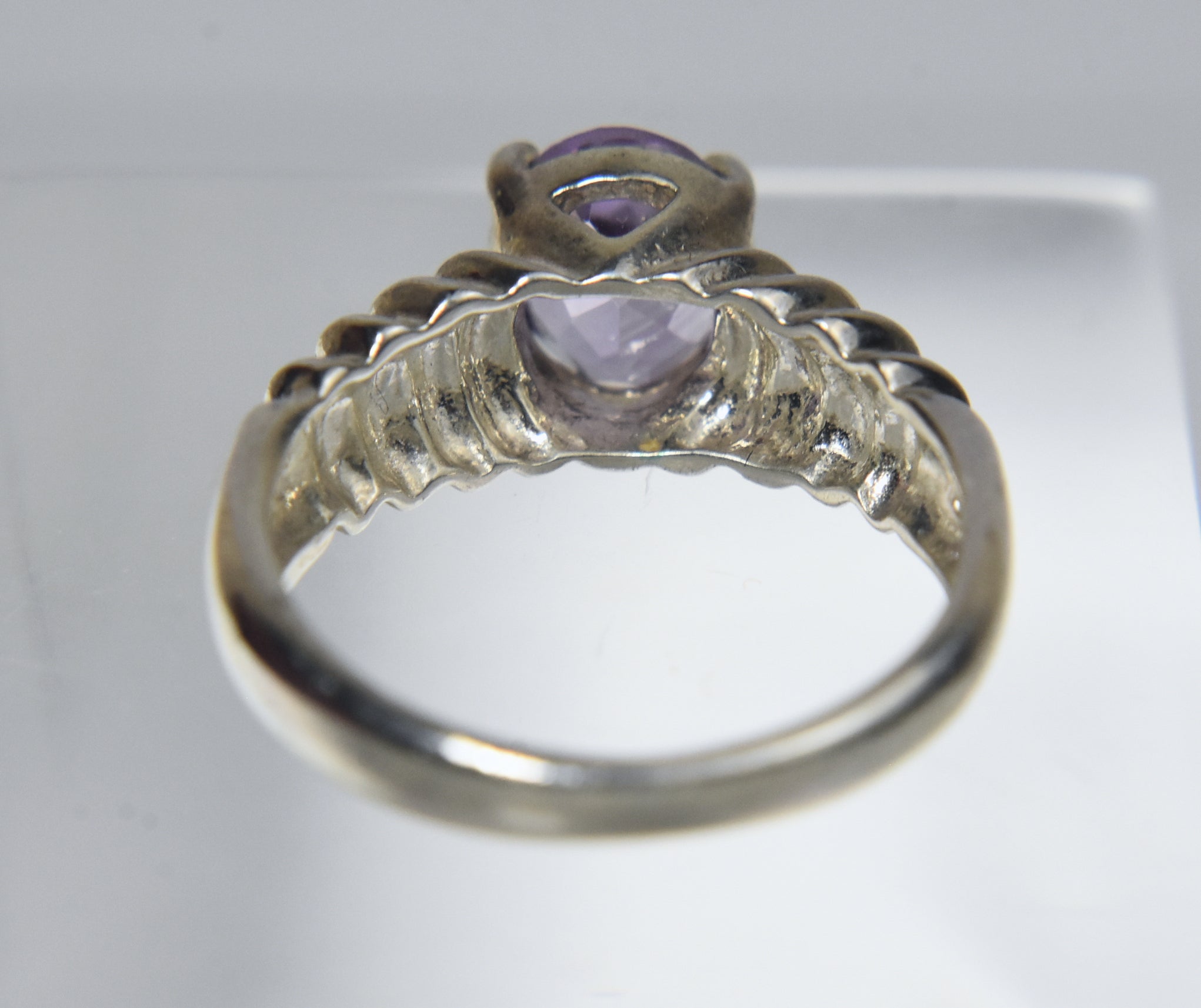 Sterling Silver Ribbed Shank Purple Stone Ring - Size 8