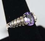 Sterling Silver Ribbed Shank Purple Stone Ring - Size 8