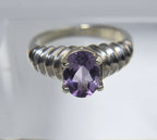 Sterling Silver Ribbed Shank Purple Stone Ring - Size 8