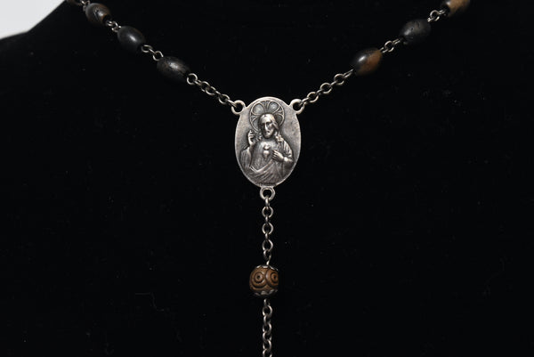 Vintage Sterling Silver and Wood Rosary - 28"