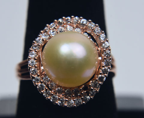 Rose Gold Tone Sterling Silver Pearl Ring - Size 8