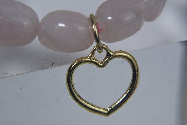 Rose Quartz Beaded Stretch Bracelet with Gold Tone Heart Charm