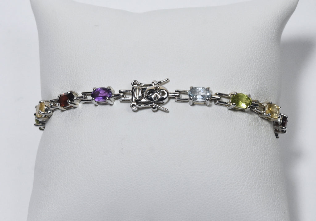 Sterling Silver Multigem Link Bracelet with Garnet Amethyst