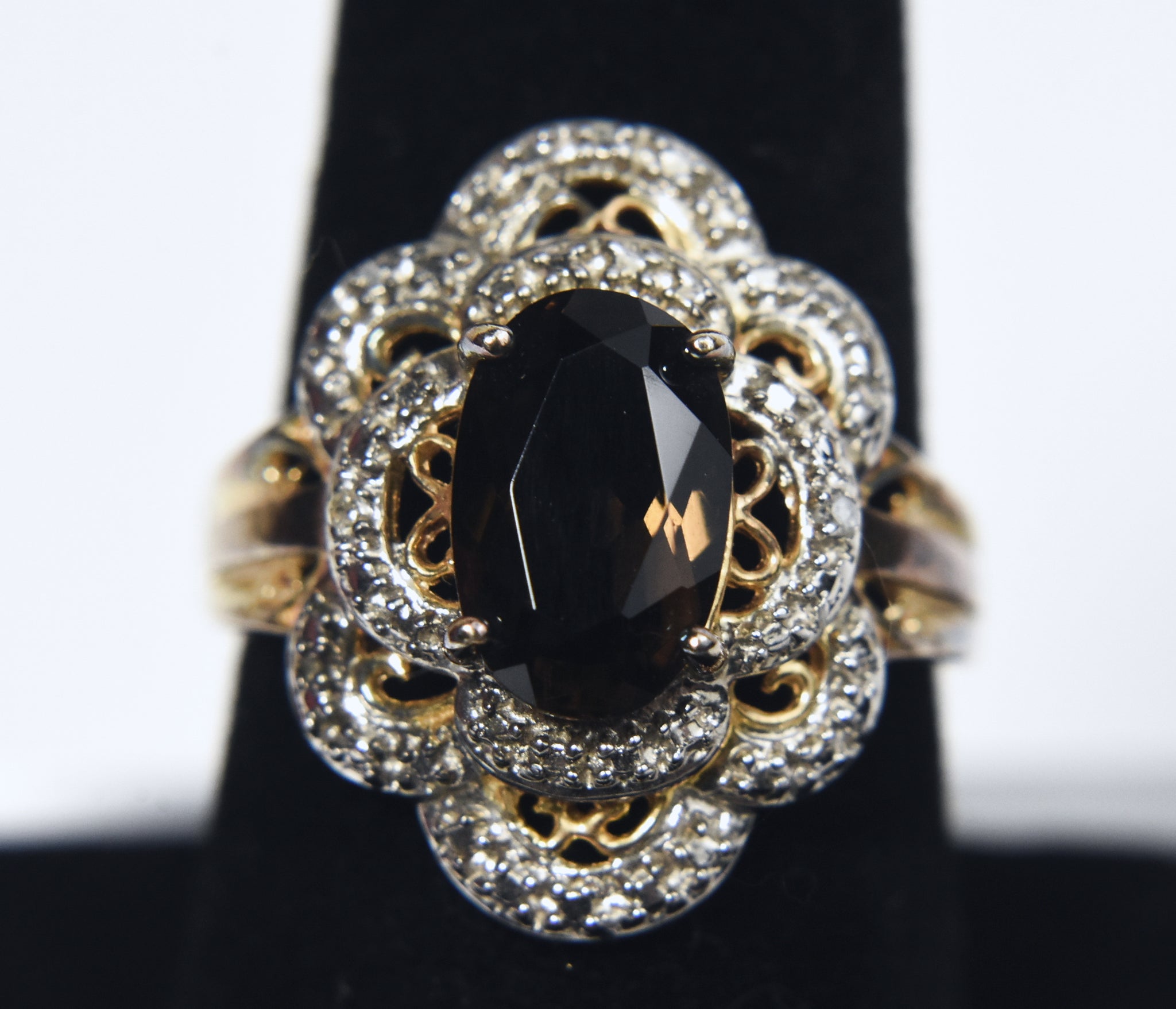 Ross-Simons - Gold Tone Sterling Silver Smoky Quartz and Diamond Cocktail Ring - Size 8