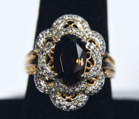 Ross-Simons - Gold Tone Sterling Silver Smoky Quartz and Diamond Cocktail Ring - Size 8