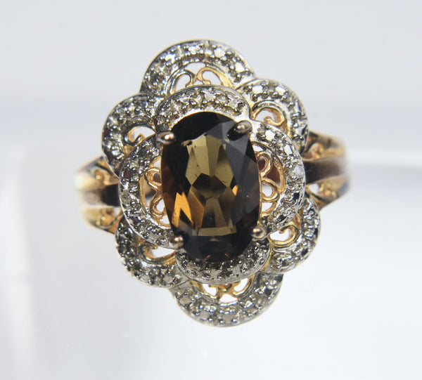 Ross-Simons - Gold Tone Sterling Silver Smoky Quartz and Diamond Cocktail Ring - Size 8