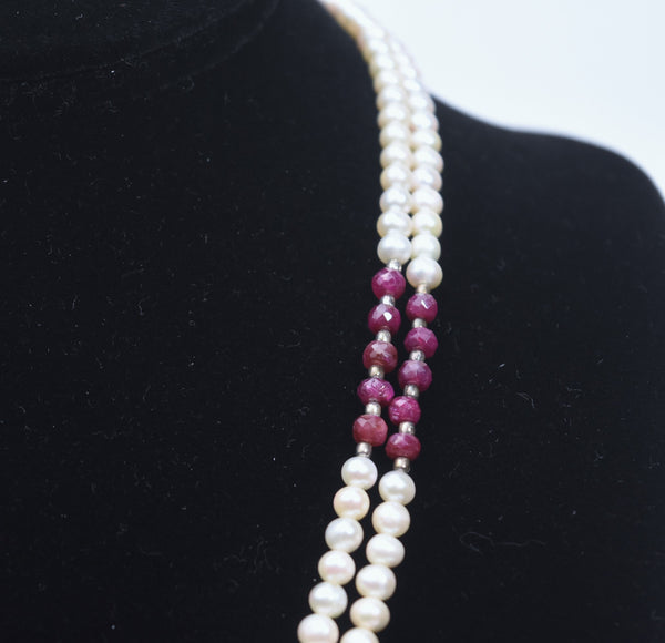 Ruby and Pearl Double Strand Necklace