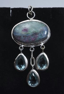 Ruby Fuschite and Kyanite with Blue Apatite Drops Sterling Silver Pendant
